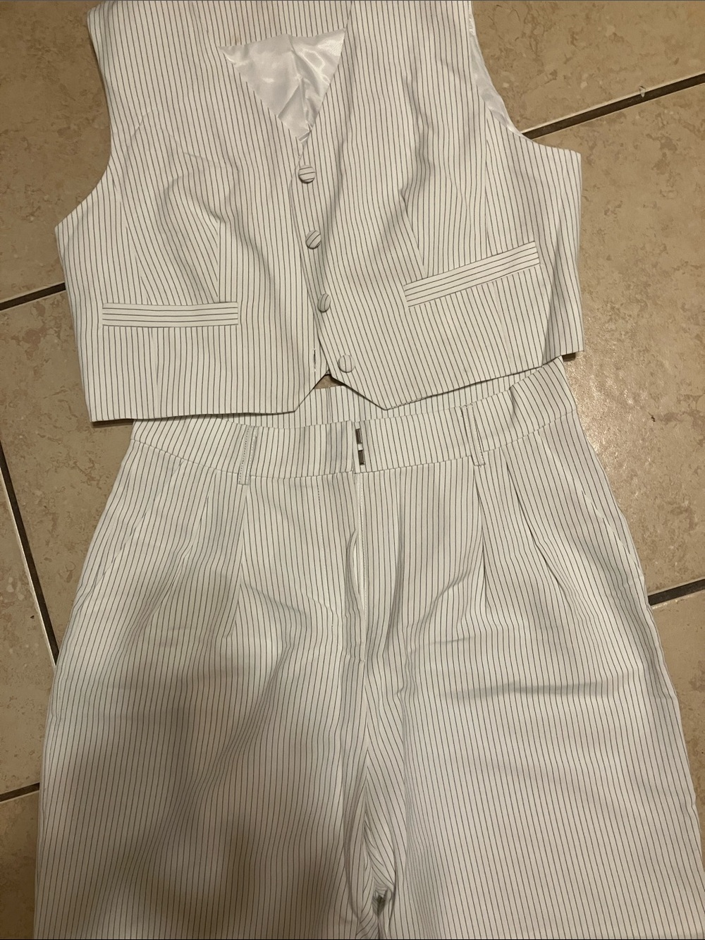 Women's White Pinstripe Vest & High-Waist Pants Set